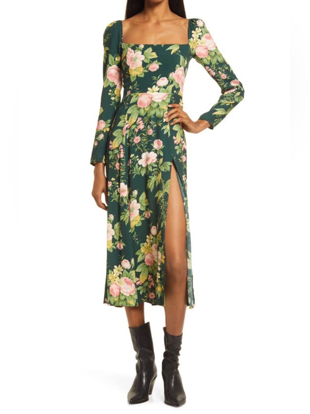 Reformation Green Floral Midi Dress with Pink Blossoms size 2p